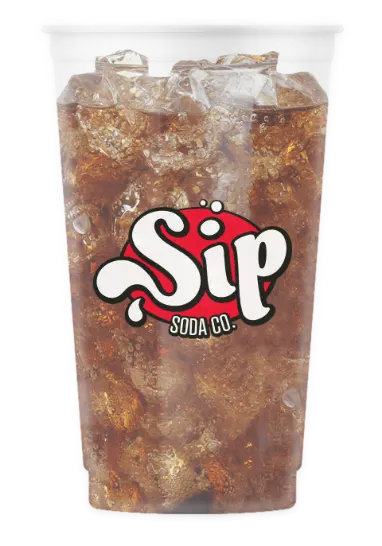 Brown dirty soda in a Sip Soda cup with nugget ice