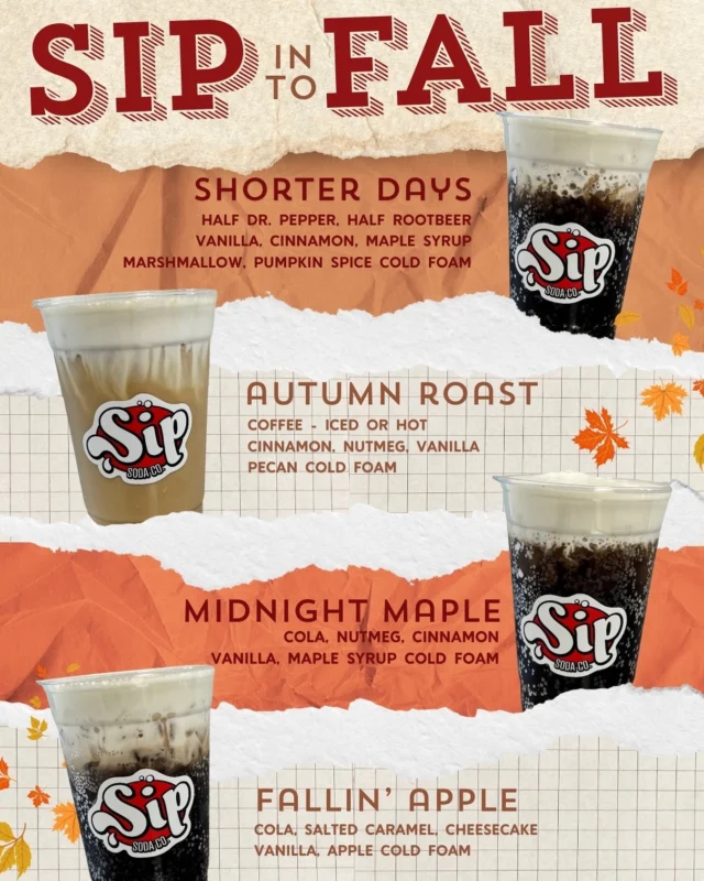 Our Fall Menu is officially HERE🍂
What better way to celebrate the first day of fall than with a lineup of cozy, spiced, and sweet drinks made just for the season?

Here’s the rundown ⬇️
🥤 Shorter Days – half Dr. Pepper, half Rootbeer, maple, vanilla, cinnamon & pumpkin spice cold foam.
☕️ Autumn Roast – iced or hot coffee with cinnamon, nutmeg, vanilla & pecan cold foam.
🌙 Midnight Maple – cola with nutmeg, cinnamon, vanilla & maple syrup cold foam.
🍎 Fallin’ Apple – cola with salted caramel, cheesecake, vanilla & apple cold foam.

Now the real question is… which one are YOU picking first? 👀🍂

#sipsoda #sipsodaco #falldrinkmenu